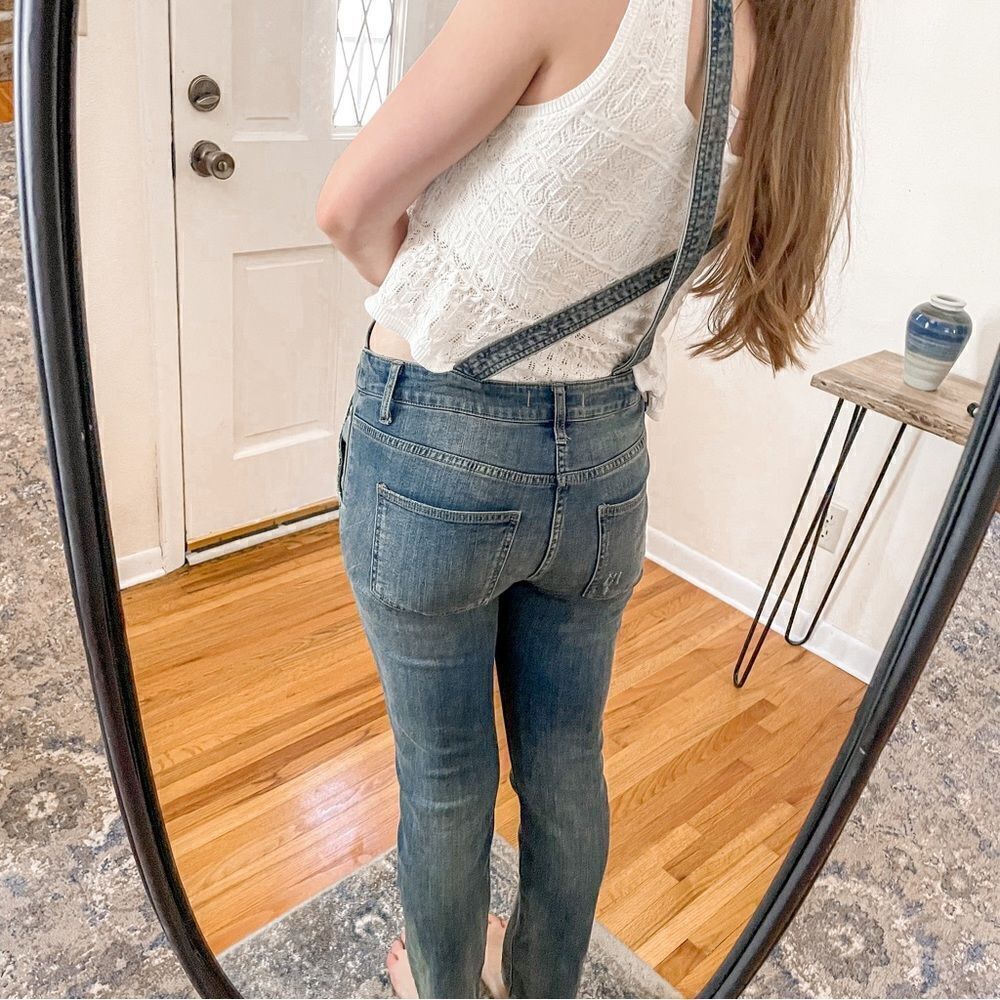 Free People Washed Denim Skinny Overalls Blue 26 - Picture 2 of 9